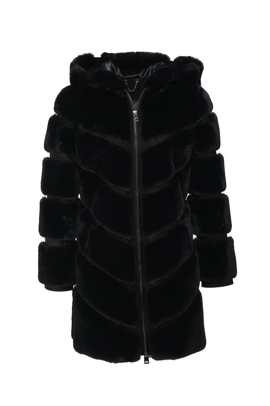 VANG Kapüşonlu Diz Altı Fermuarlı Suni Kürk Ceket - Siyah