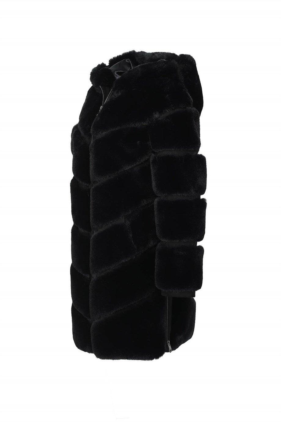 VANG Kapüşonlu Diz Altı Fermuarlı Suni Kürk Ceket - Siyah