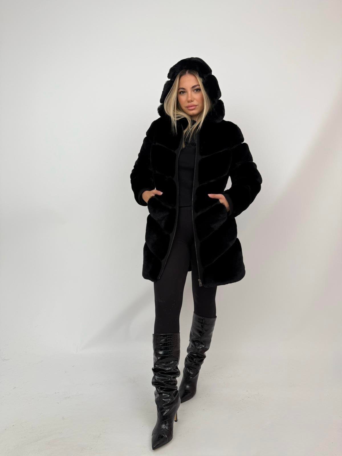 VANG Kapüşonlu Diz Altı Fermuarlı Suni Kürk Ceket - Siyah