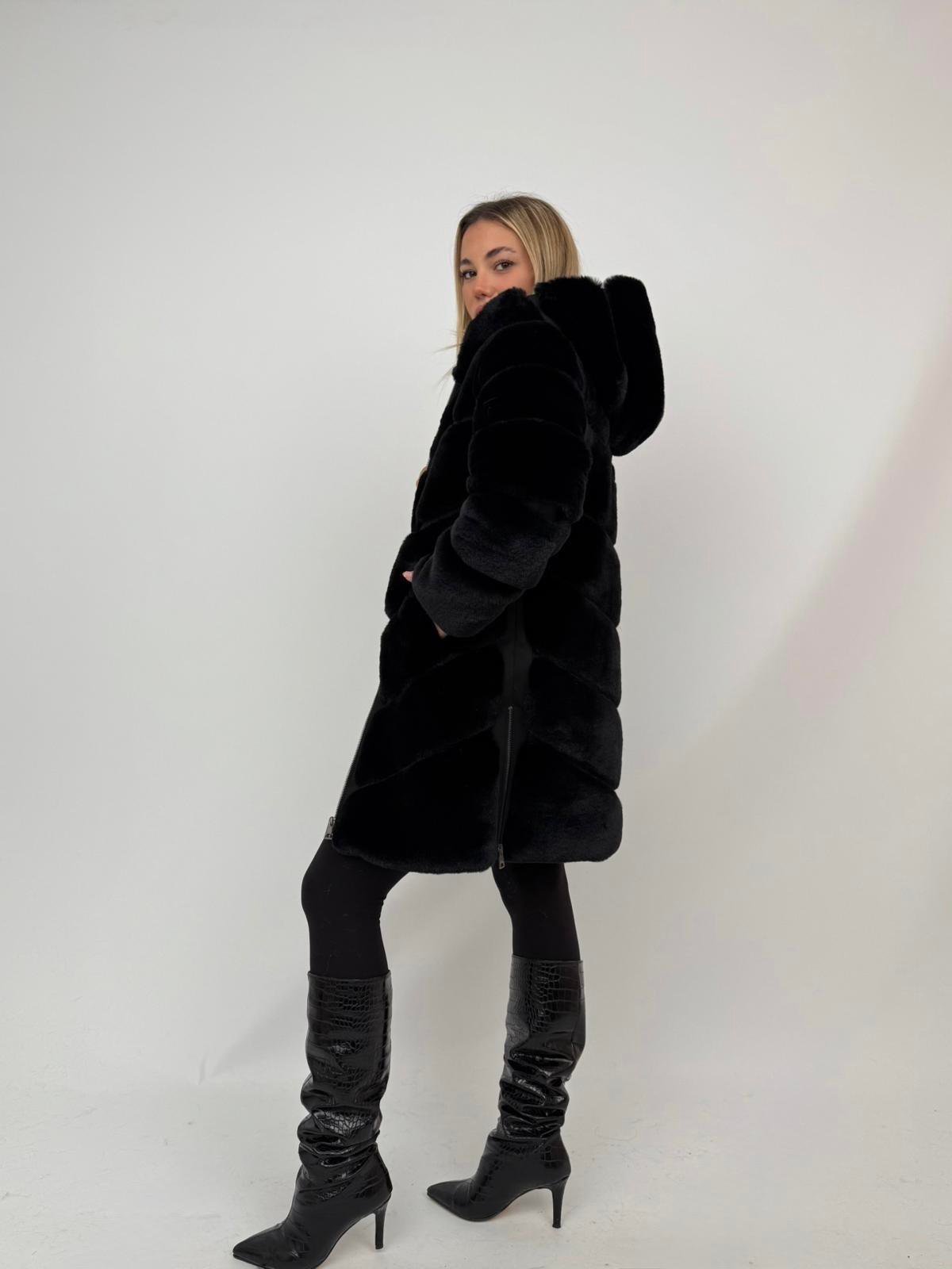VANG Kapüşonlu Diz Altı Fermuarlı Suni Kürk Ceket - Siyah