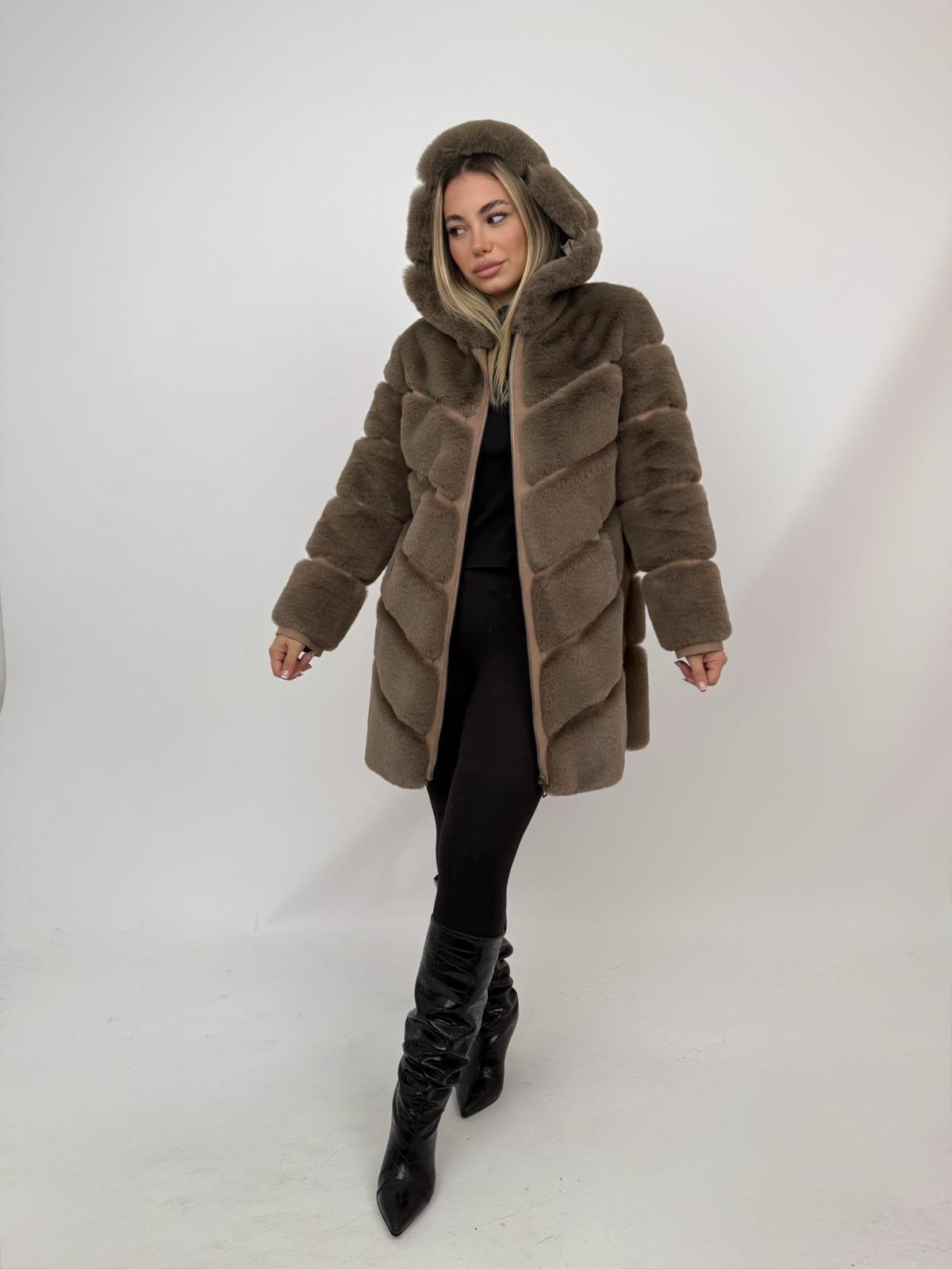 VANG Kapüşonlu Diz Altı Fermuarlı Suni Kürk Ceket - Vizon