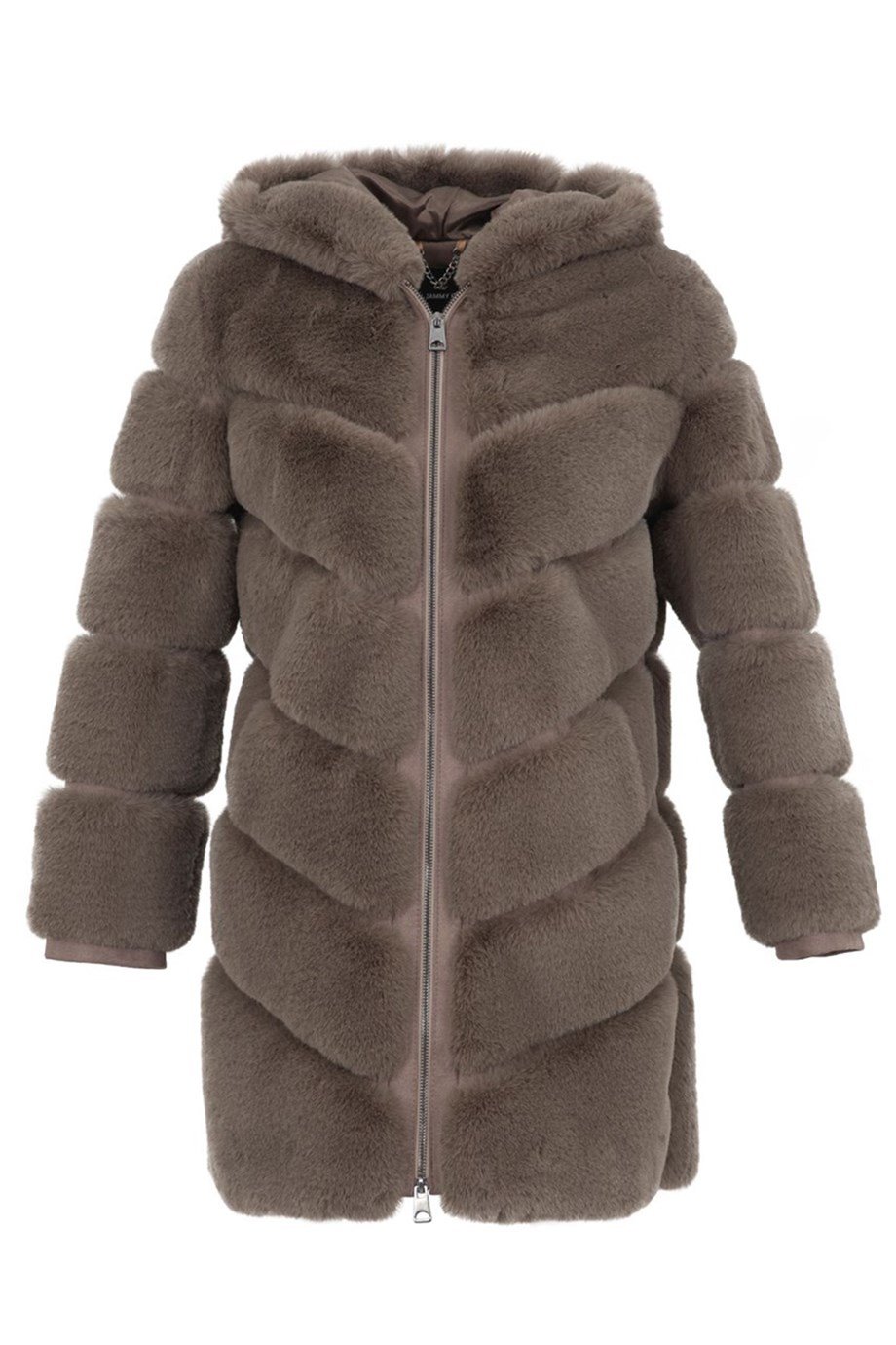 VANG Kapüşonlu Diz Altı Fermuarlı Suni Kürk Ceket - Vizon