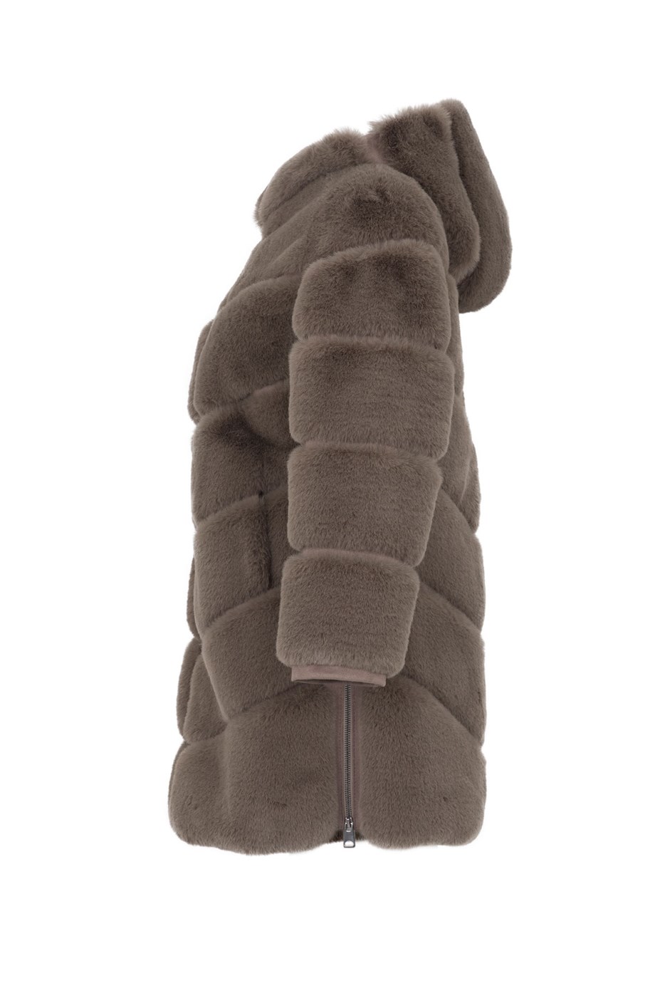 VANG Kapüşonlu Diz Altı Fermuarlı Suni Kürk Ceket - Vizon