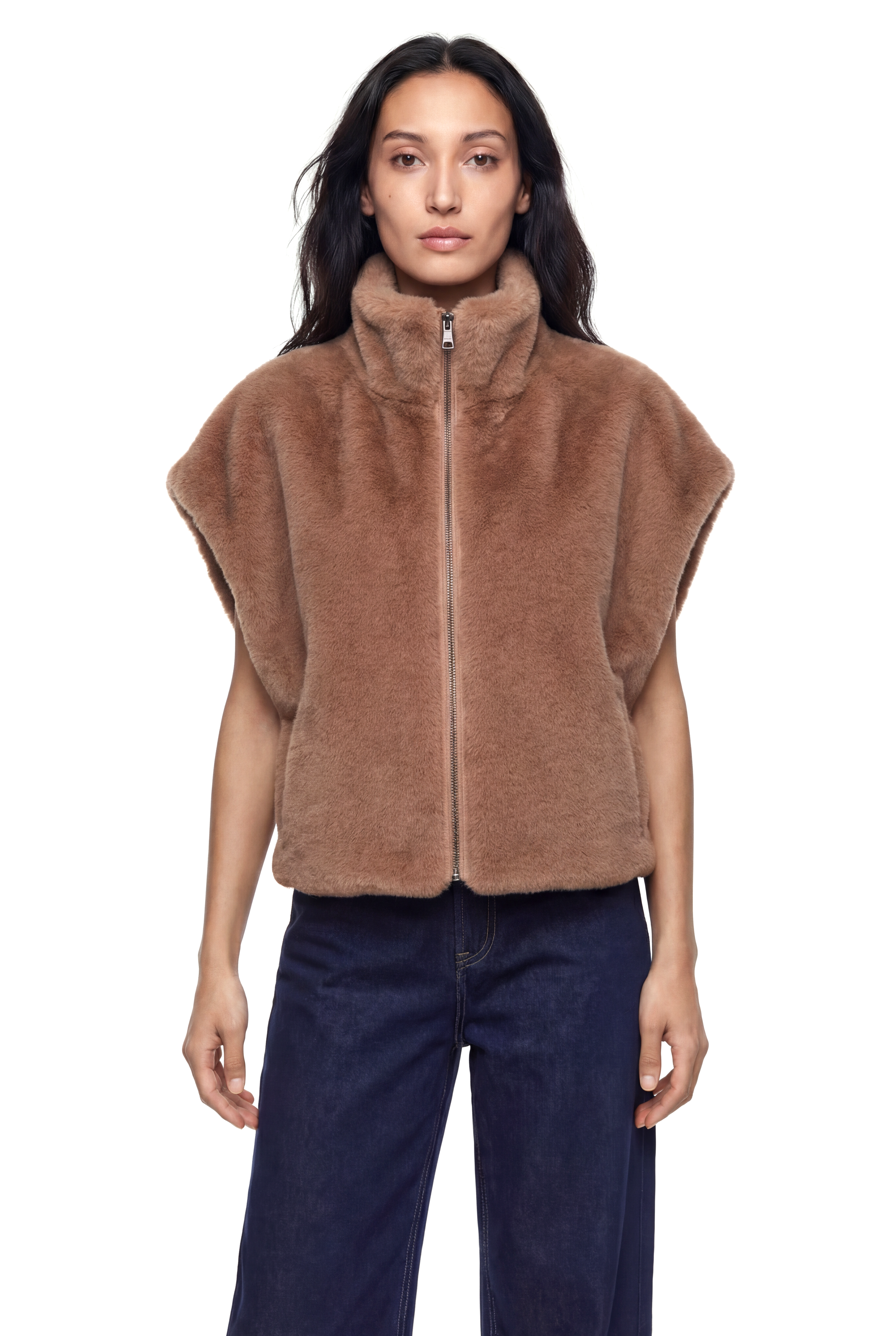 VELORA Yarasa Kol Dik Yakalı Suni Kürk Yelek - Vizon