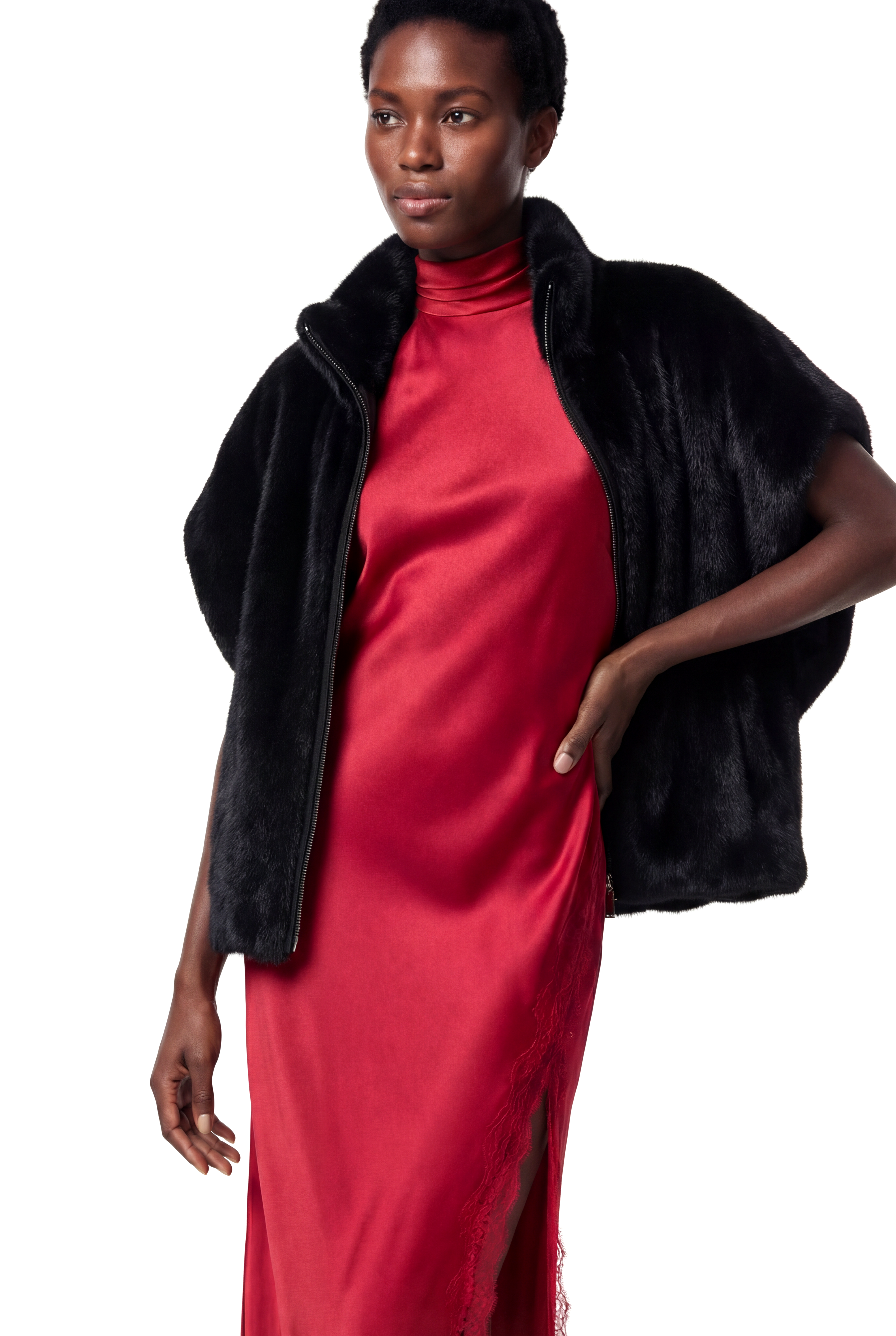 VELORA Yarasa Kol Dik Yakalı Suni Kürk Yelek - Siyah