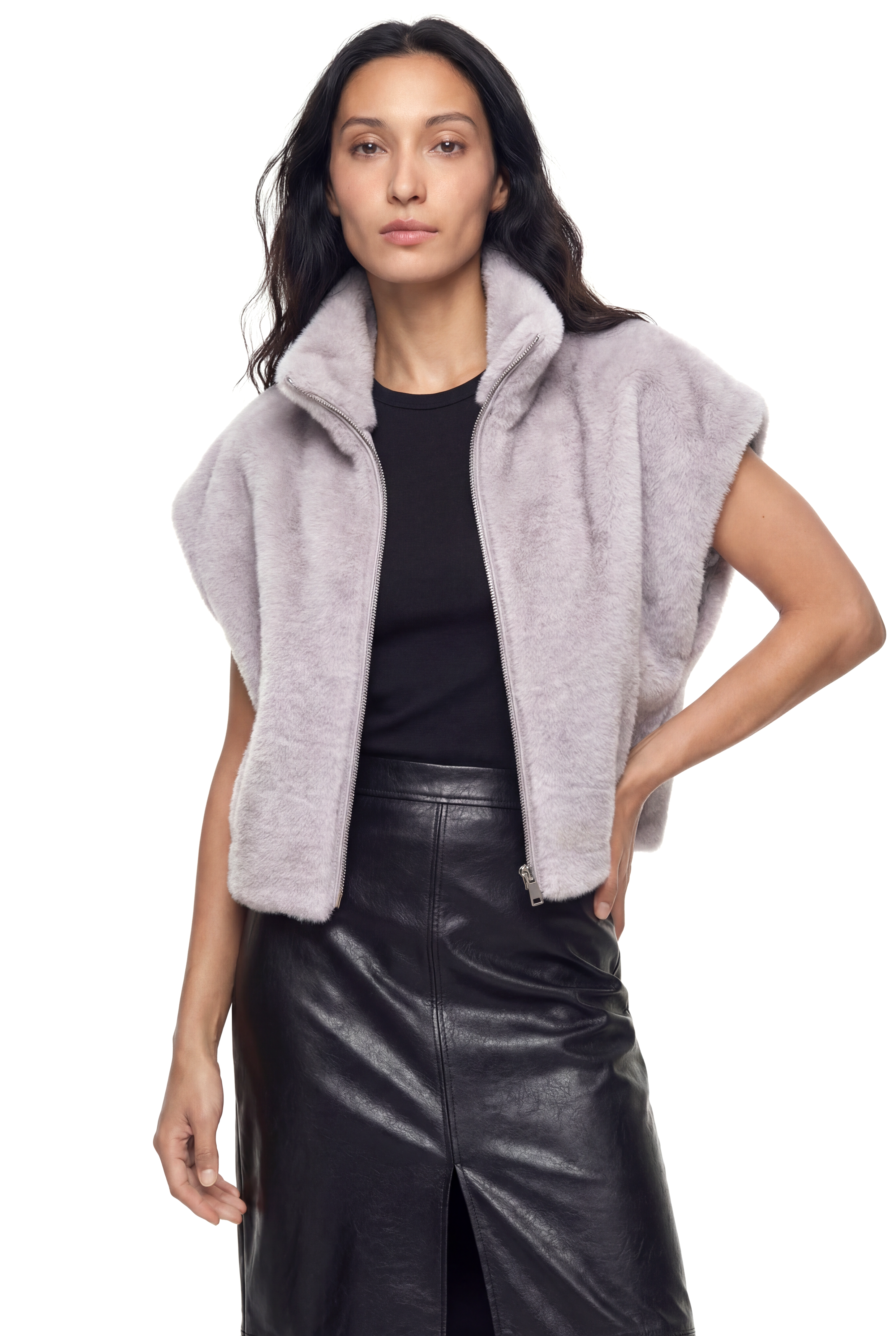 VELORA Yarasa Kol Dik Yakalı Suni Kürk Yelek - Gri