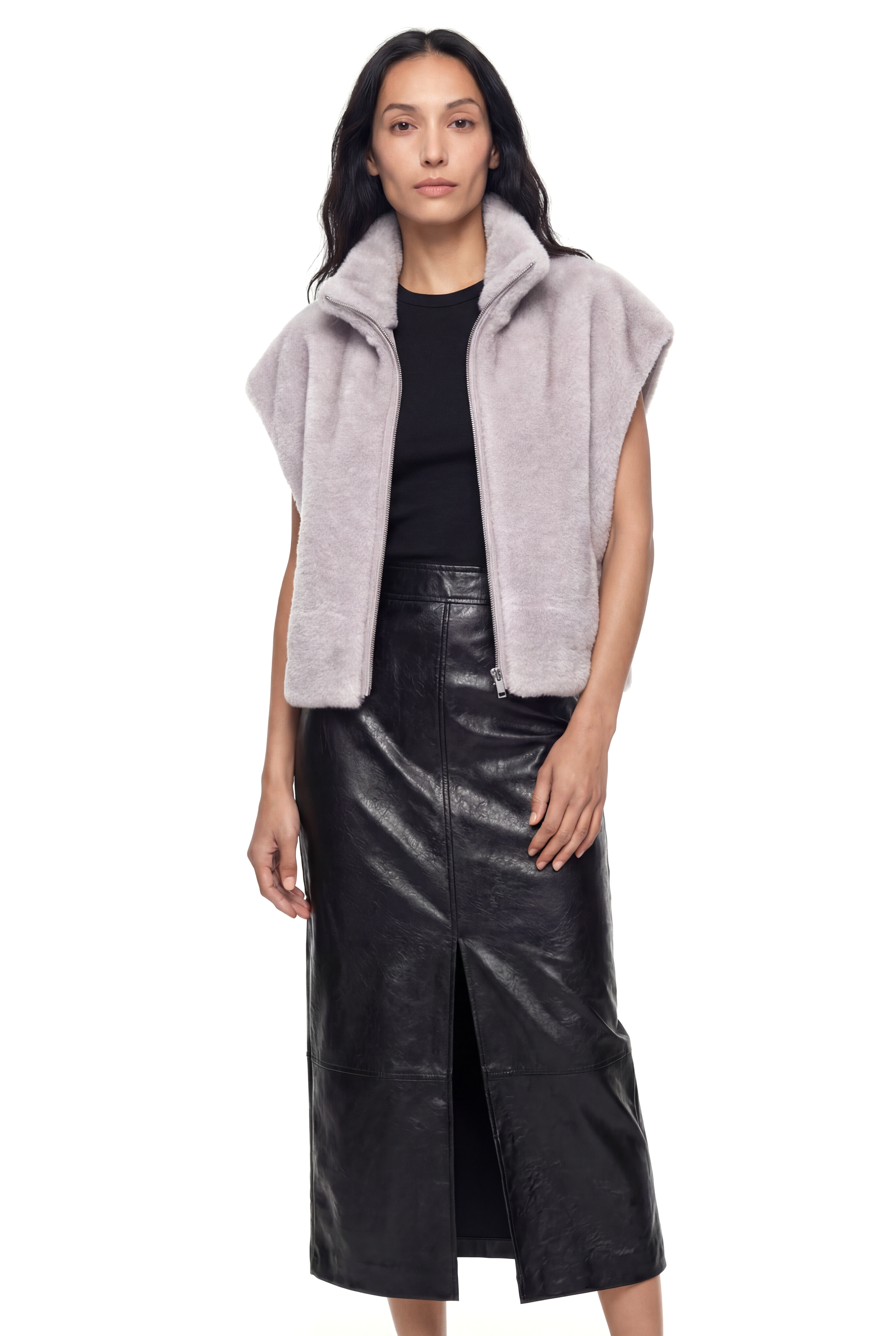 VELORA Yarasa Kol Dik Yakalı Suni Kürk Yelek - Gri