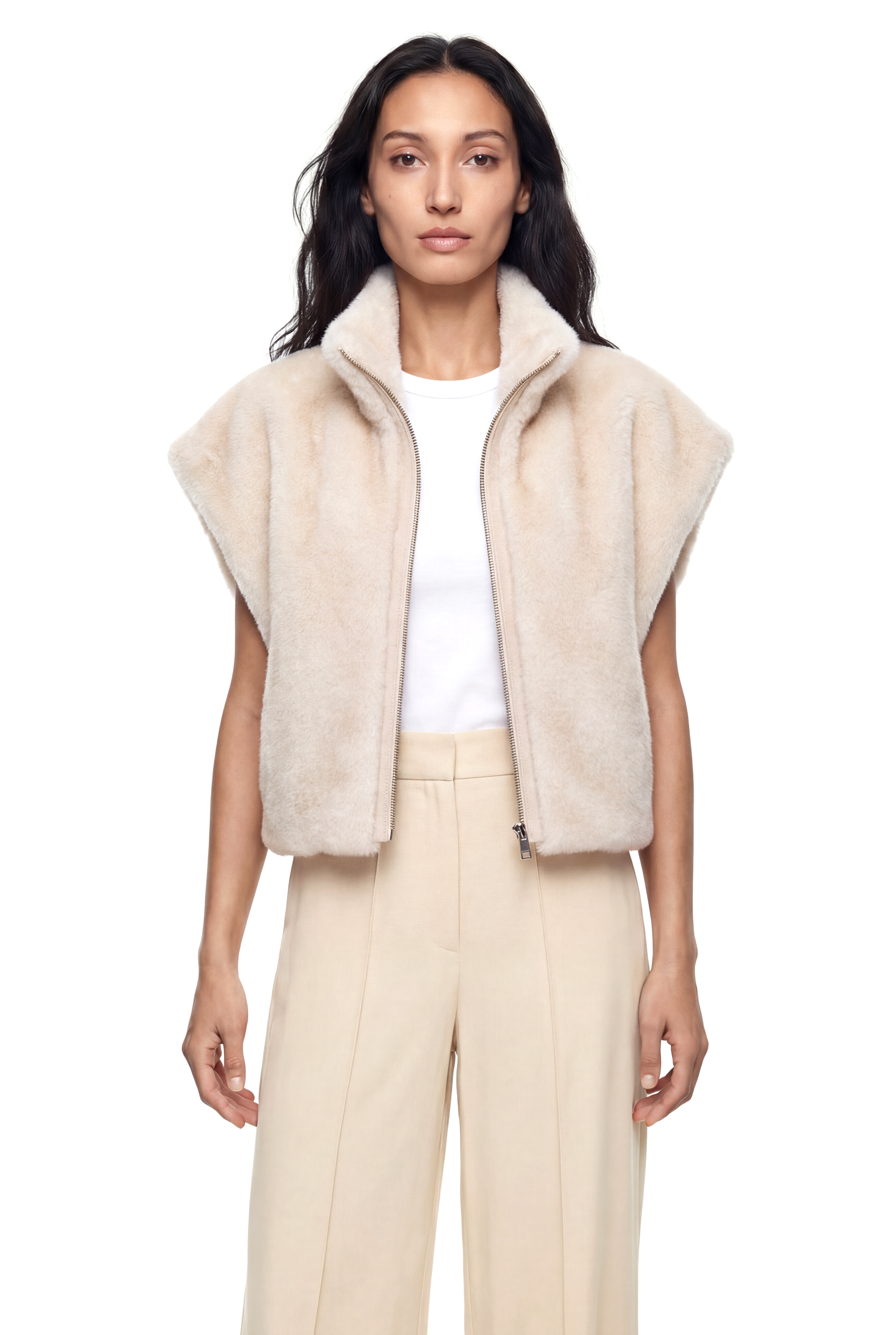 VELORA Yarasa Kol Dik Yakalı Suni Kürk Yelek - Bej