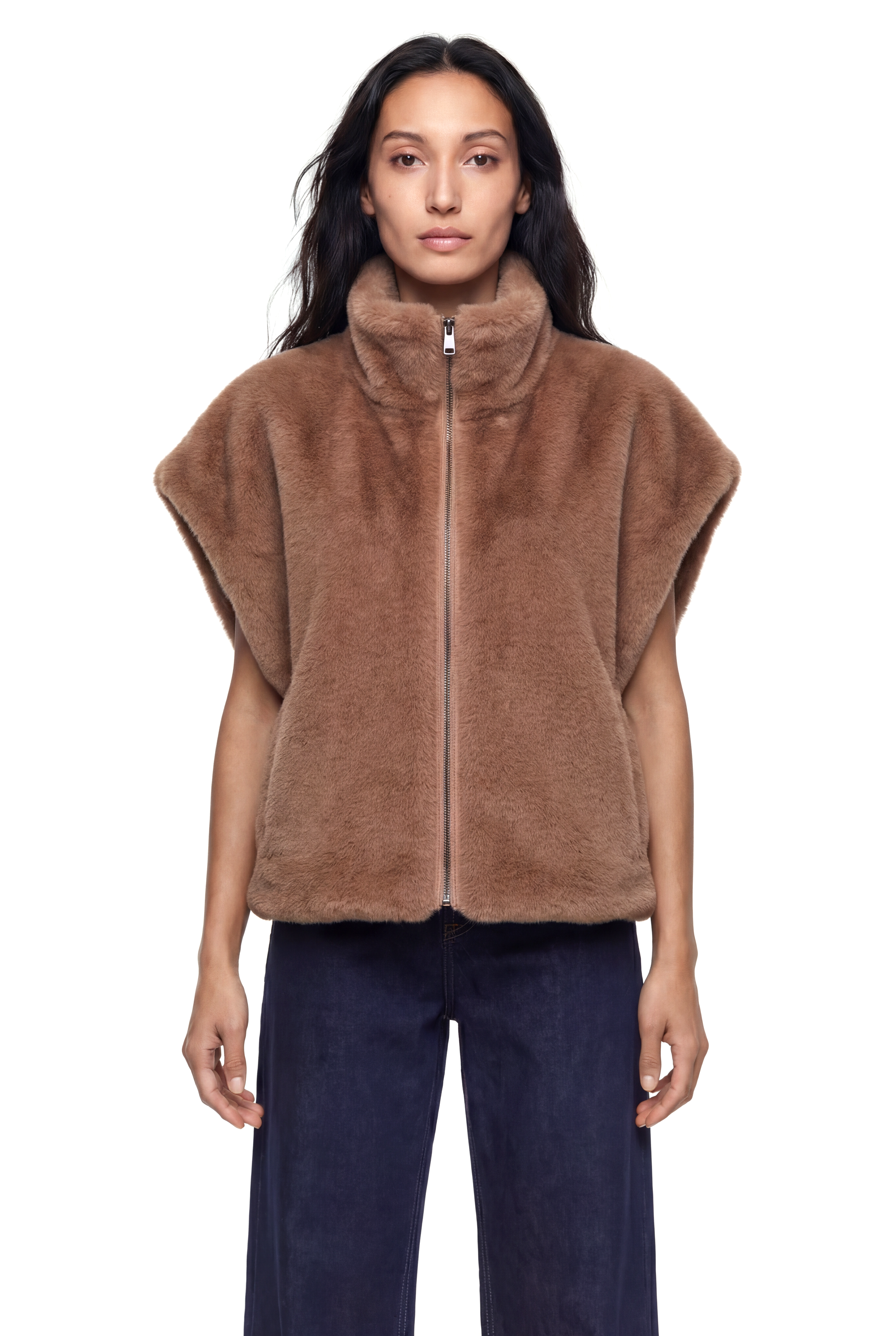 VELORA Yarasa Kol Dik Yakalı Suni Kürk Yelek - Vizon