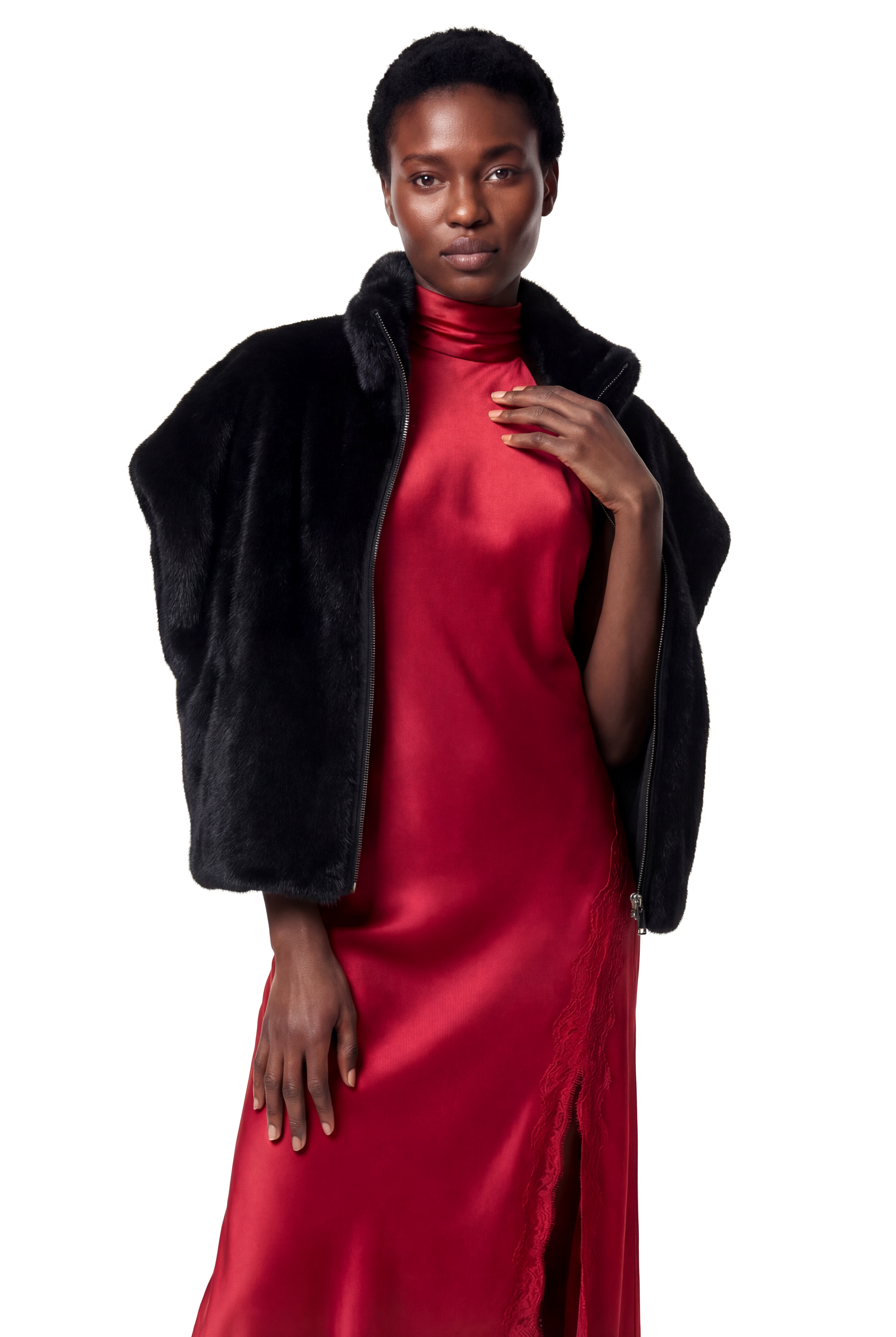 VELORA Yarasa Kol Dik Yakalı Suni Kürk Yelek - Siyah