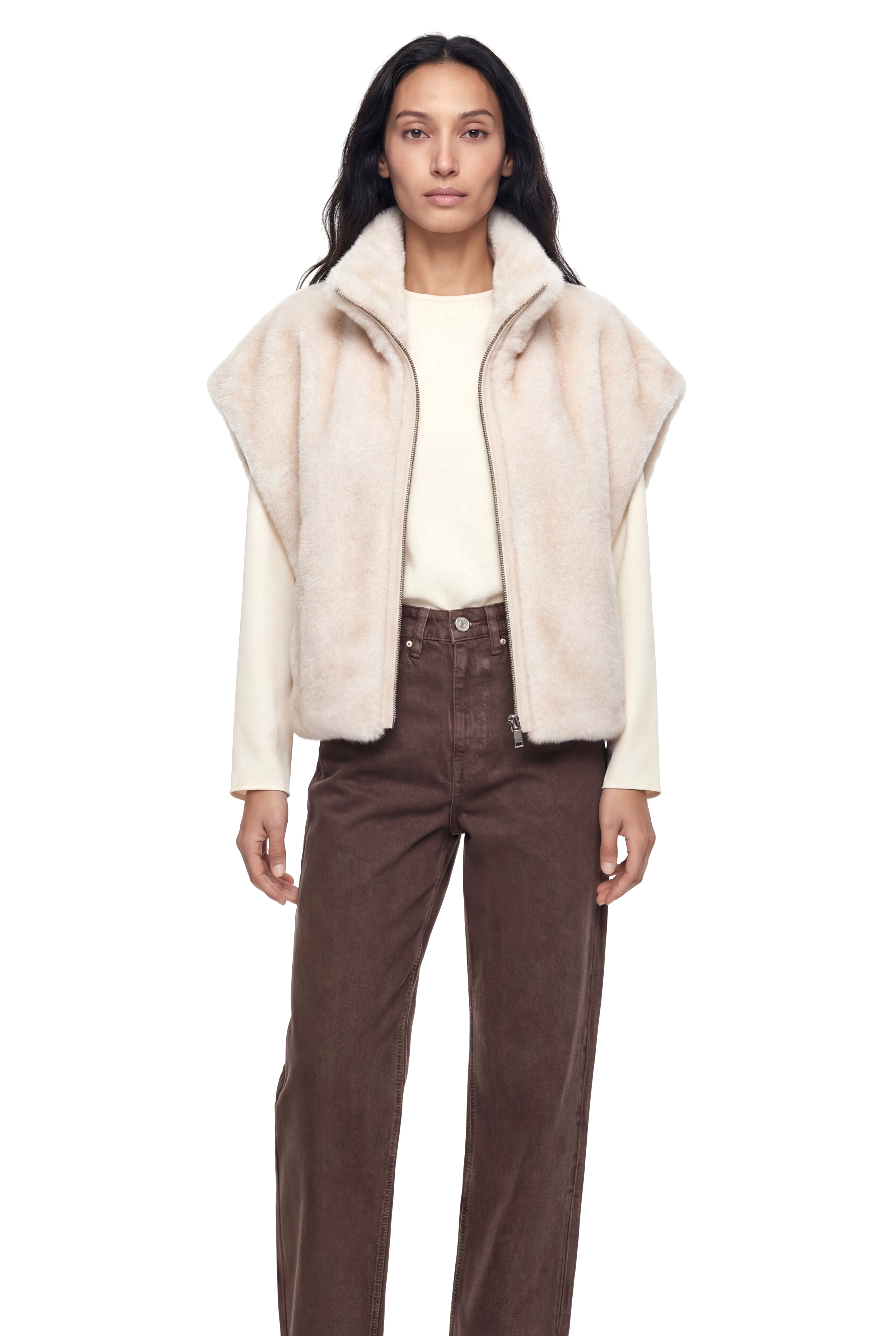 VELORA Yarasa Kol Dik Yakalı Suni Kürk Yelek - Bej