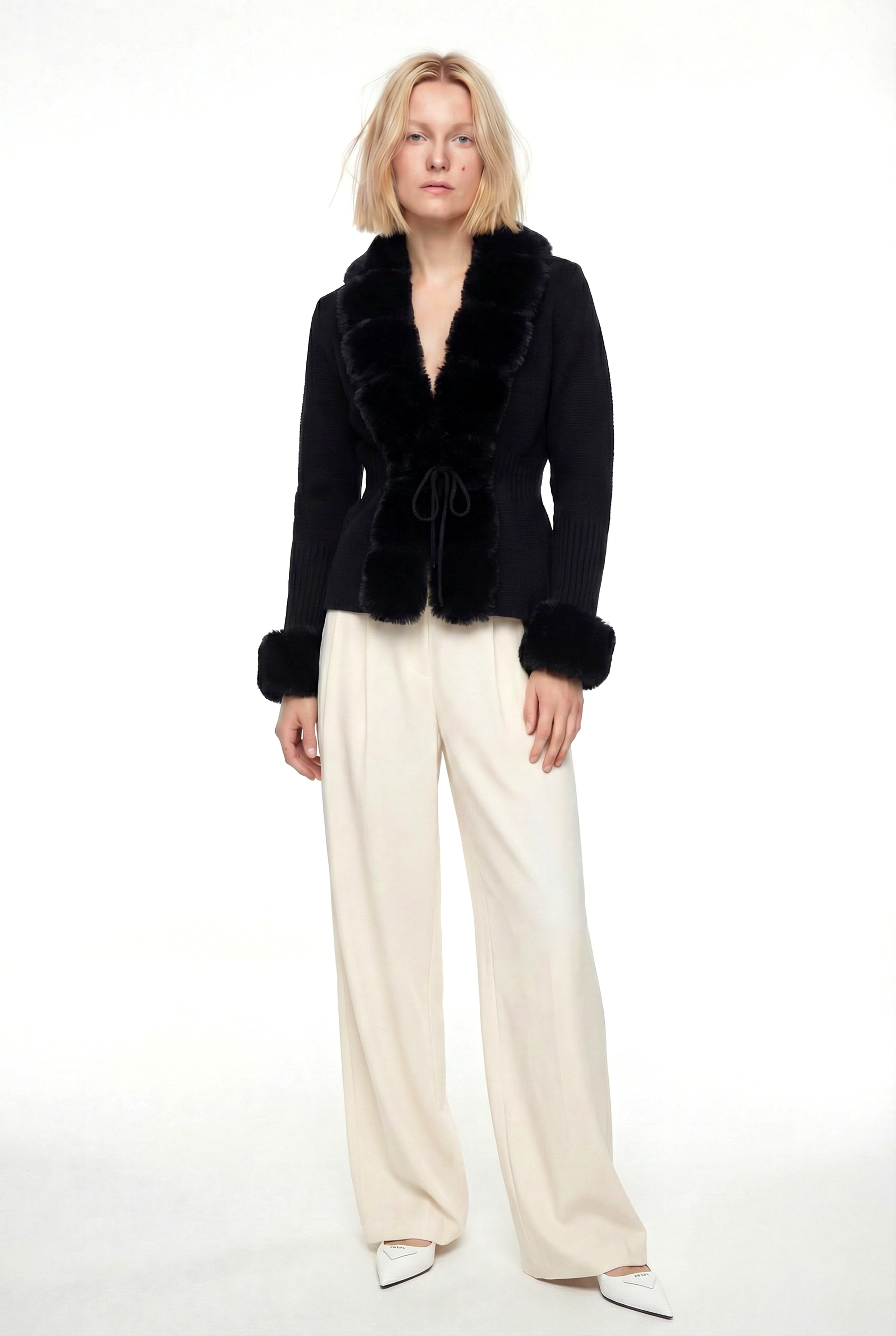 WALES Kürklü Triko Hırka - Siyah