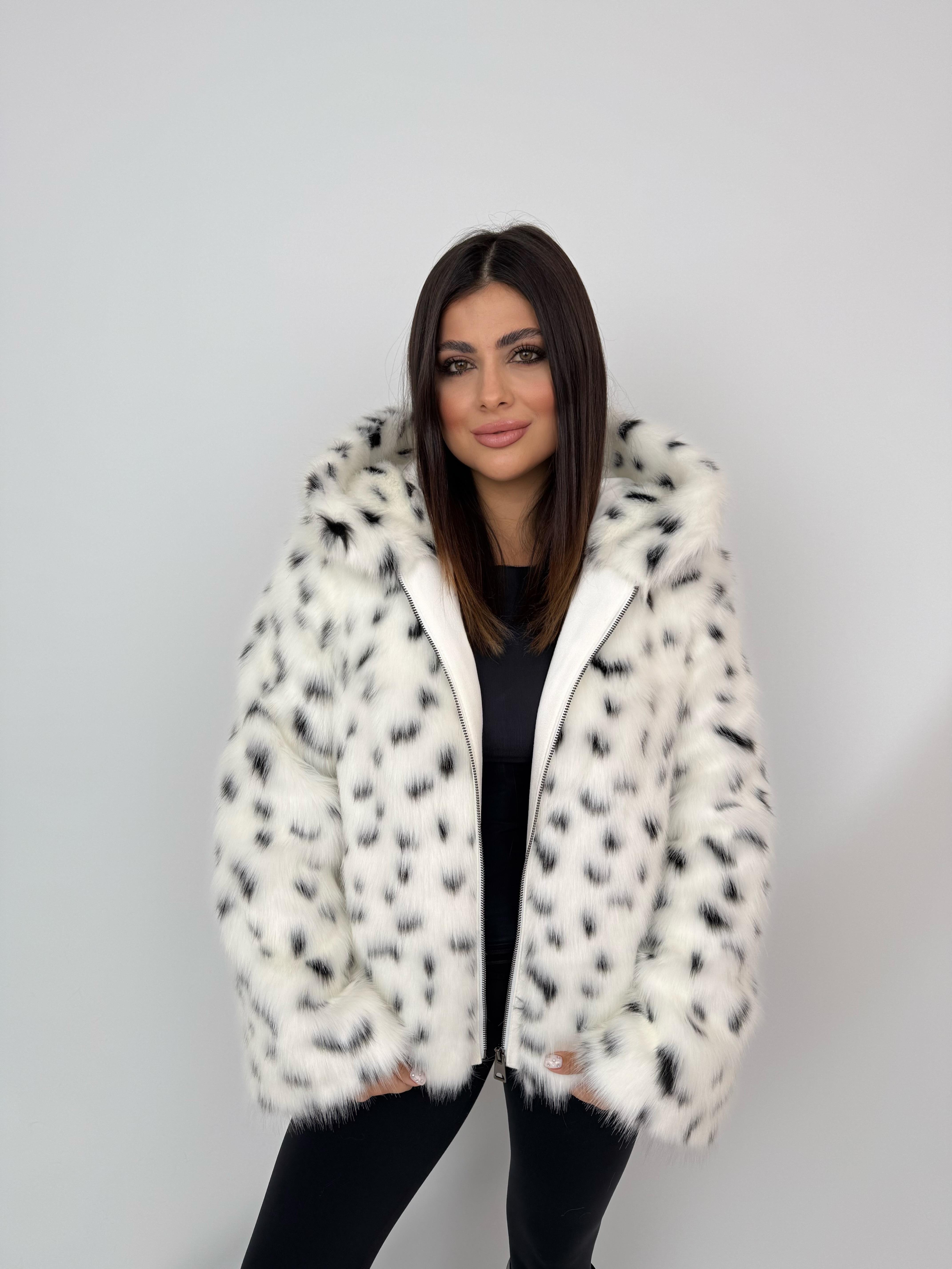 ZOEY Kapüşonlu Desenli Suni Kürk Ceket - Leopar