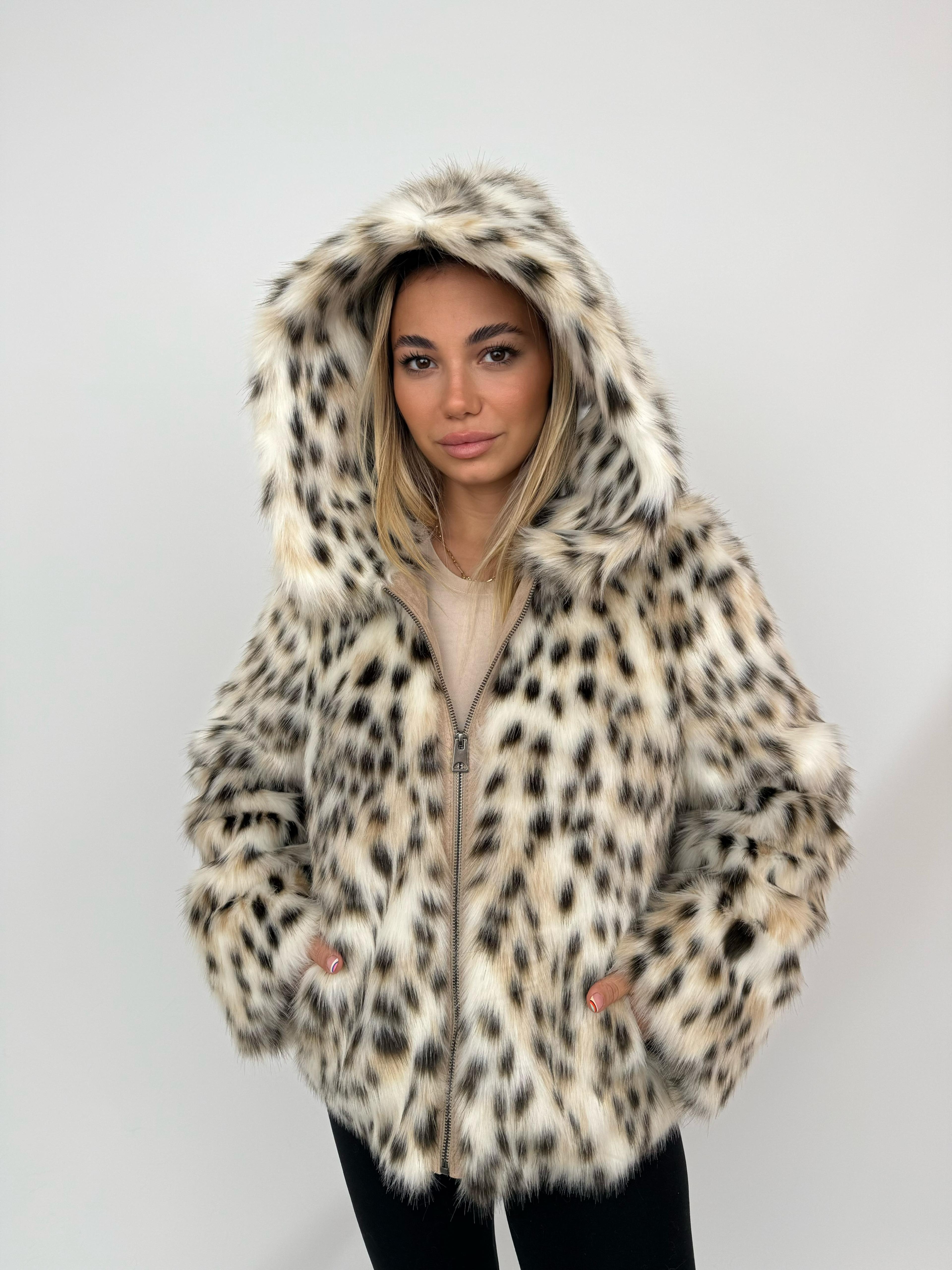 ZOEY Kapüşonlu Desenli Suni Kürk Ceket - Vaşak