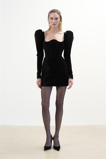 Balenli Balon Kollu Kadife Mini Elbise - Siyah