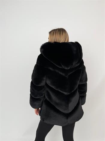 BOSSY Kapüşonlu Suni Kürk Ceket - Siyah