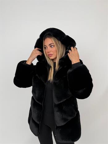 BOSSY Kapüşonlu Suni Kürk Ceket - Siyah
