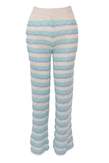 Çizgi Desen Triko Pantalon - Aqua