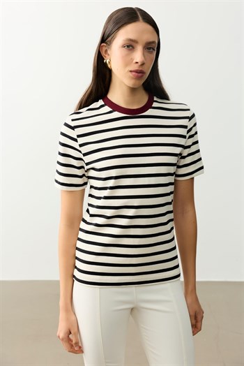 Çizgili Basic Tişört - Bordo