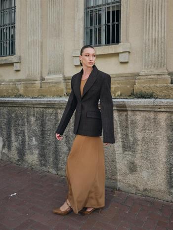 Çizgili Kaşe Ceket - Kahverengi