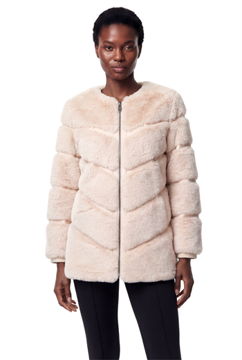 CLASSIC EDITION Yuvarlak Yaka Dilimli Suni Kürk Ceket - Bej