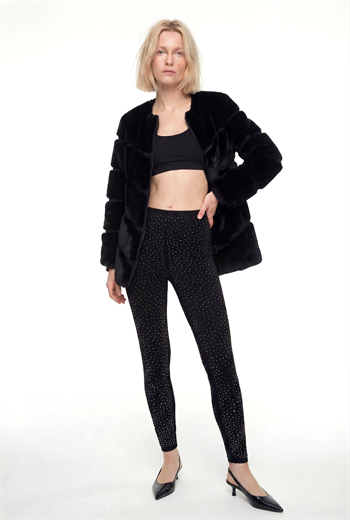 CLASSIC EDITION Yuvarlak Yaka Dilimli Suni Kürk Ceket - Siyah