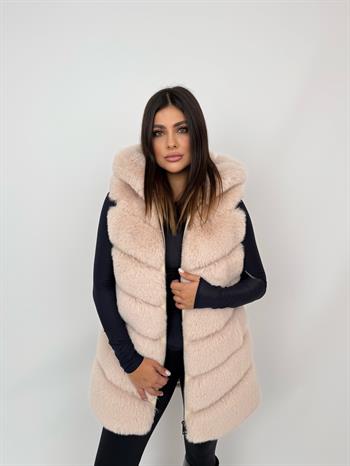 CLASSIC Kapüşonlu Suni Kürk Yelek - Bej
