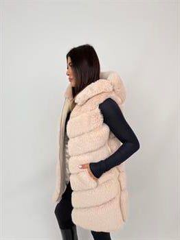 CLASSIC Kapüşonlu Suni Kürk Yelek - Bej