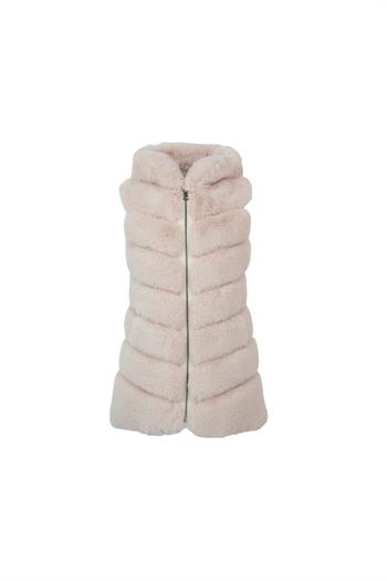 CLASSIC Kapüşonlu Suni Kürk Yelek - Bej