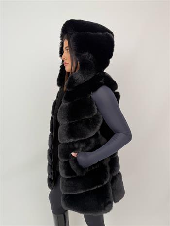 CLASSIC Kapüşonlu Suni Kürk Yelek - Siyah