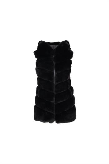 CLASSIC Kapüşonlu Suni Kürk Yelek - Siyah