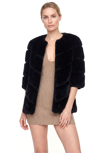 CLASSIC Yarım Kol Dilimli Suni Kürk Ceket - Siyah