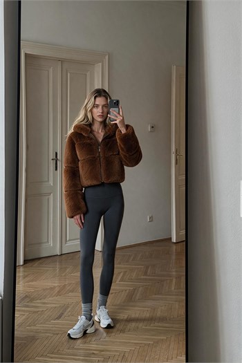 FOXY Kapüşonlu Kısa Suni Kürk Ceket - Kahverengi