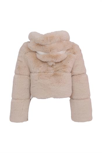FOXY Kapüşonlu Suni Kürk Ceket - Bej