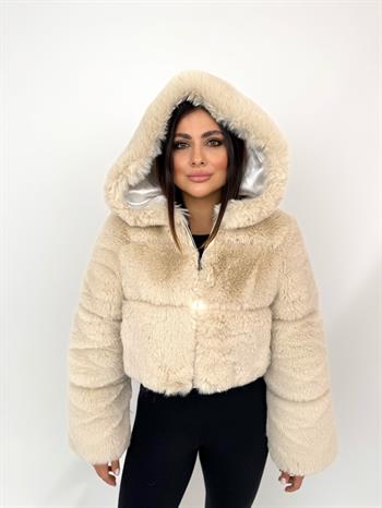 FOXY Kapüşonlu Suni Kürk Ceket - Bej