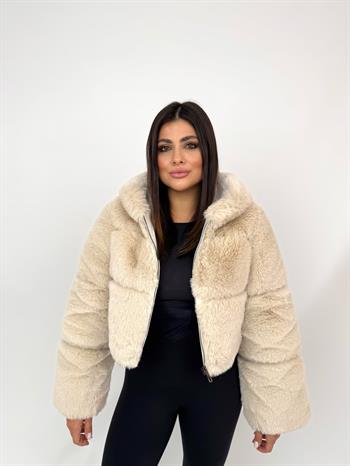 FOXY Kapüşonlu Suni Kürk Ceket - Bej