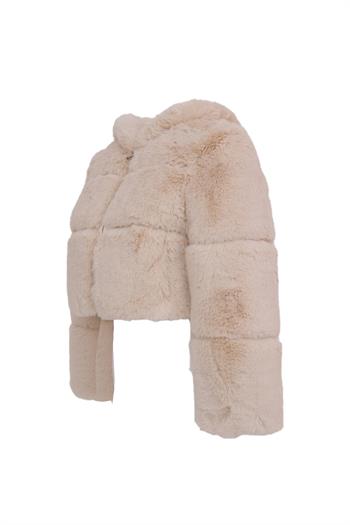 FOXY Kapüşonlu Suni Kürk Ceket - Bej