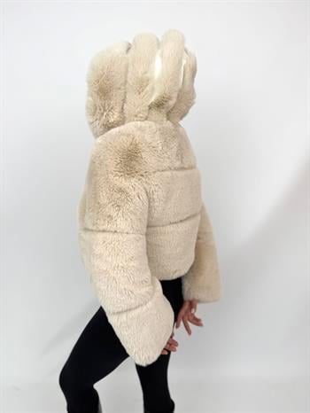 FOXY Kapüşonlu Suni Kürk Ceket - Bej