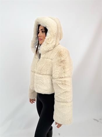 FOXY Kapüşonlu Suni Kürk Ceket - Bej