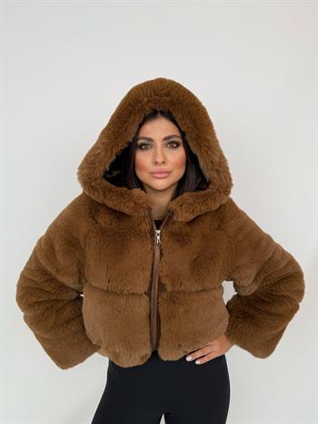 FOXY Kapüşonlu Suni Kürk Ceket - Kahverengi