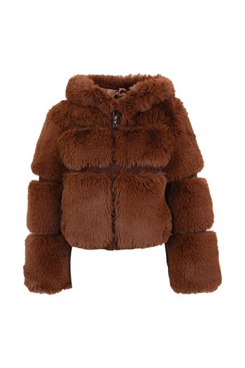 FOXY Kapüşonlu Suni Kürk Ceket - Kahverengi
