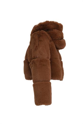 FOXY Kapüşonlu Kısa Suni Kürk Ceket - Kahverengi