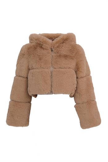 FOXY Kapüşonlu Suni Kürk Ceket - Şampanya