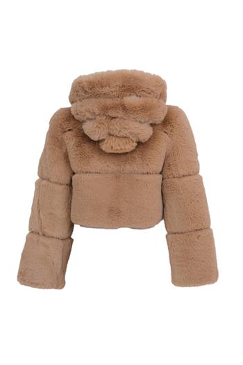 FOXY Kapüşonlu Suni Kürk Ceket - Şampanya