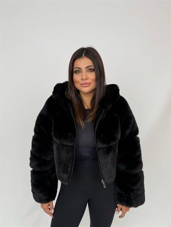 FOXY Kapüşonlu Suni Kürk Ceket - Siyah