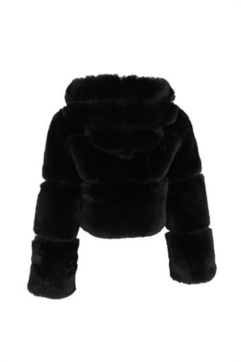 FOXY Kapüşonlu Suni Kürk Ceket - Siyah