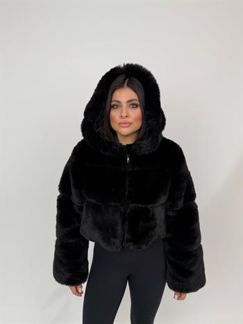 FOXY Kapüşonlu Suni Kürk Ceket - Siyah