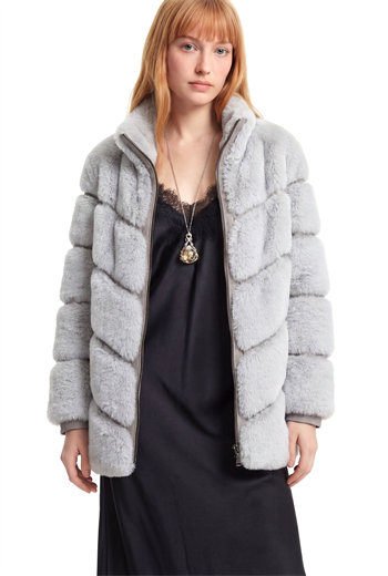 GALA Dik Yakalı Dilim Detaylı Suni Kürk Ceket - Buz