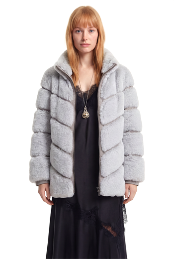 GALA Dik Yakalı Dilim Detaylı Suni Kürk Ceket - Buz