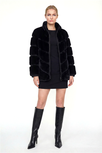 GALA Dik Yakalı Dilim Detaylı Suni Kürk Ceket - Siyah